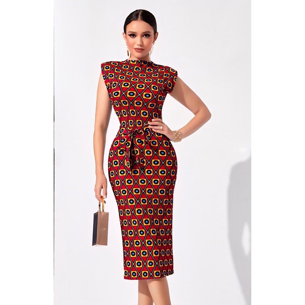 Modelyn Geo African‎ Print Belted Bodycon DressSize M Stretchy